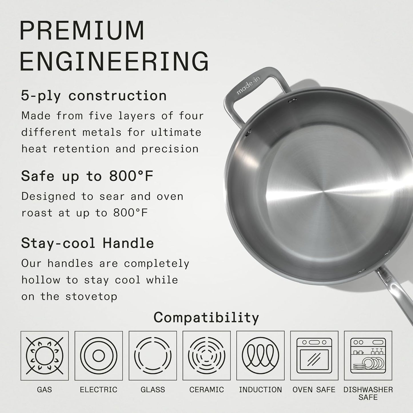 Made In Cookware - 5 Quart Stainless Steel Saucier Pan - 5 Ply Stainless Clad - Professional Cookware - Crafted in Italy - Induction Compatible