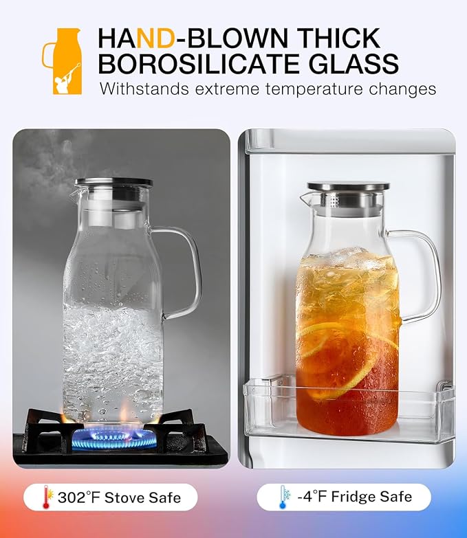 Glass Pitcher with Lid, 2 Liter 68oz Water Pitcher with Handle - Image 4