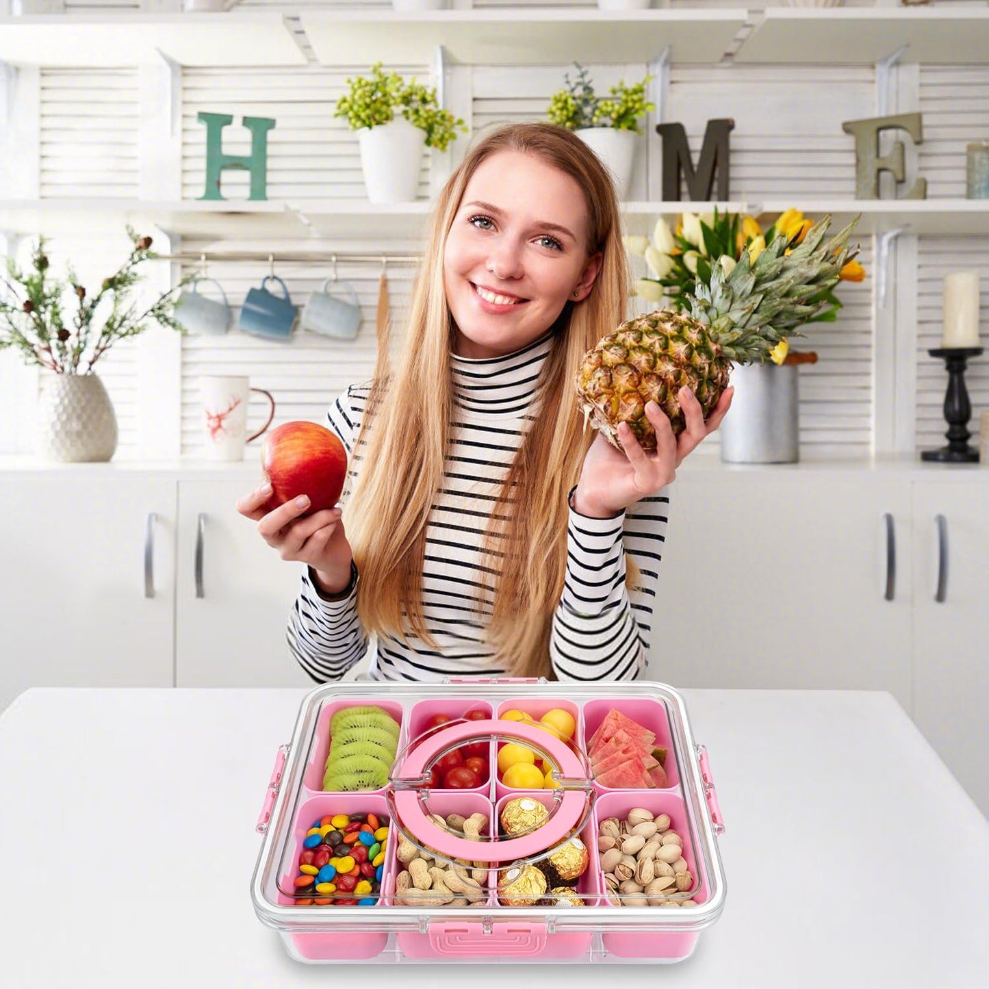 Divided Serving Tray with Lid and Handle, 8 Compartments Snack Box, Portable Platter for Candy Fruits Nuts, Snack Party Entertaining Picnic