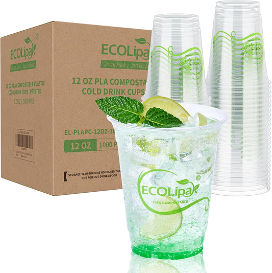 ECOLipak 1000 Count 12 OZ Clear Compostable Plastic Cups, Disposable Plant-Based Biodegradable Drinking Party Cups, PLA Plastic Cold Tumblers for Restaurant, Office, Canteen, Large Gathering