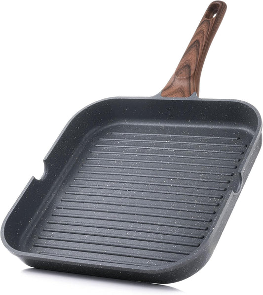 SENSARTE Nonstick Grill Pan for Stove Tops, Versatile Griddle with Pour Spouts, Square Big Cooking Surface, Durable Skillet Indoor & Outdoor Grilling. PFOA Free, 9.5 Inch