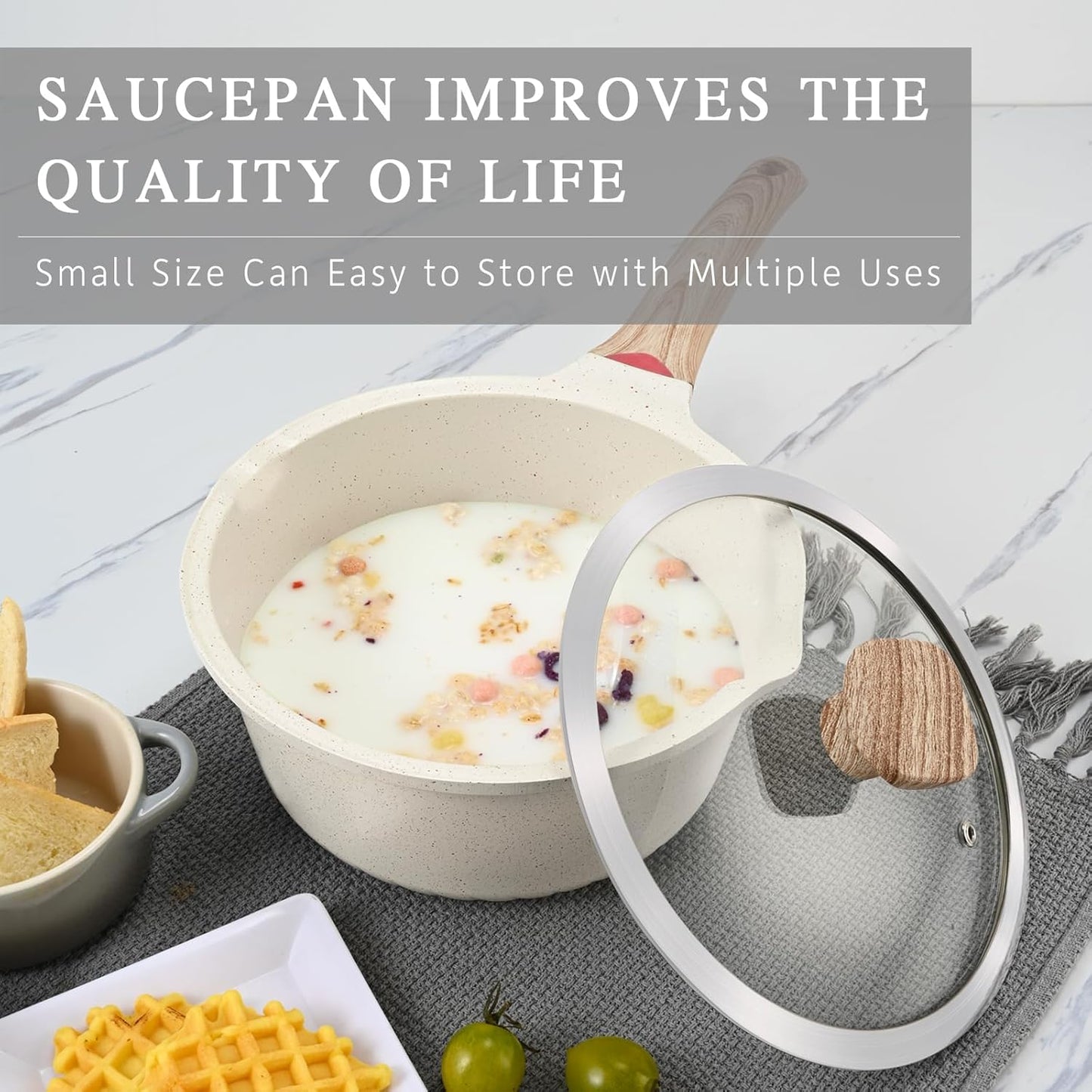 VINCHEF Nonstick Saucepan with Lid, 3QT Sauce Pan with Stay Cool Handle, Non Stick Small Cooking Pots Induction pot, Dishwasher Safe, Compatible for All Stove Top, PFAS and PFOA Free White