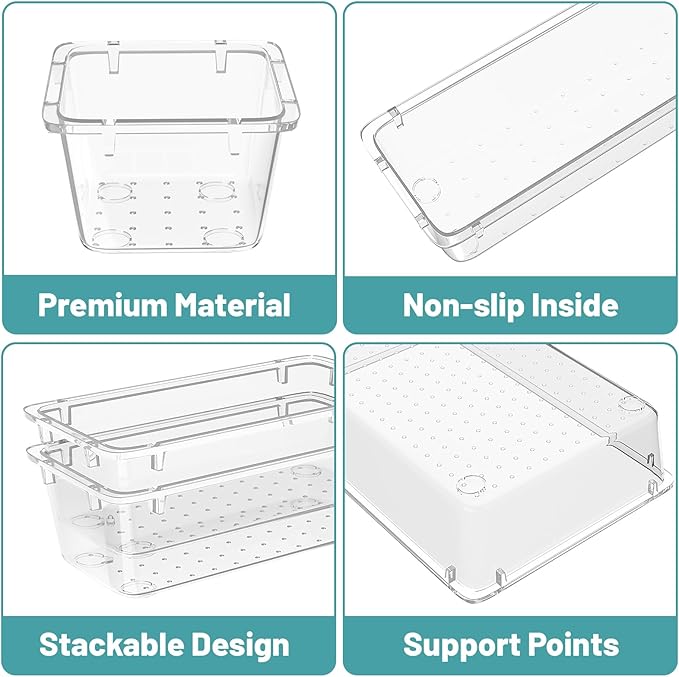WOWBOX 8 PCS Clear Plastic Drawer Organizer Set, 4 Sizes Desk Drawer - Image 2