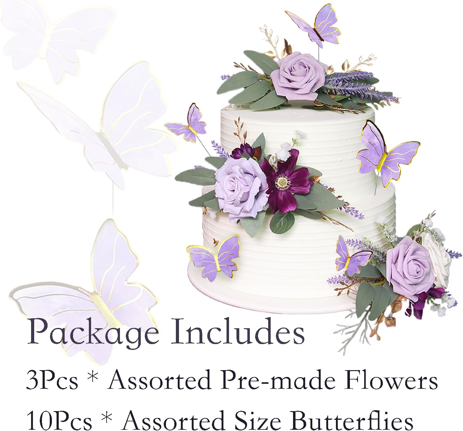 Rinlong 3Pcs Pre-made Purple Cake Flowers Decorations Flower Cake Topper Butterfly Cake Decorating Flowers for Wedding Sweet 16 Birthday Girl
