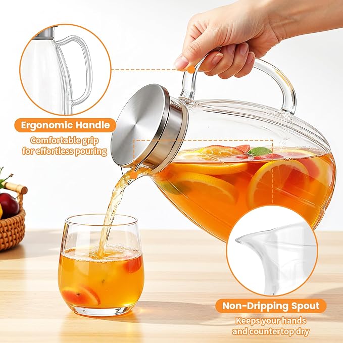 Glass Pitcher with Lid and Handle, 2.2L Borosilicate Glass Water Carafe - Image 4