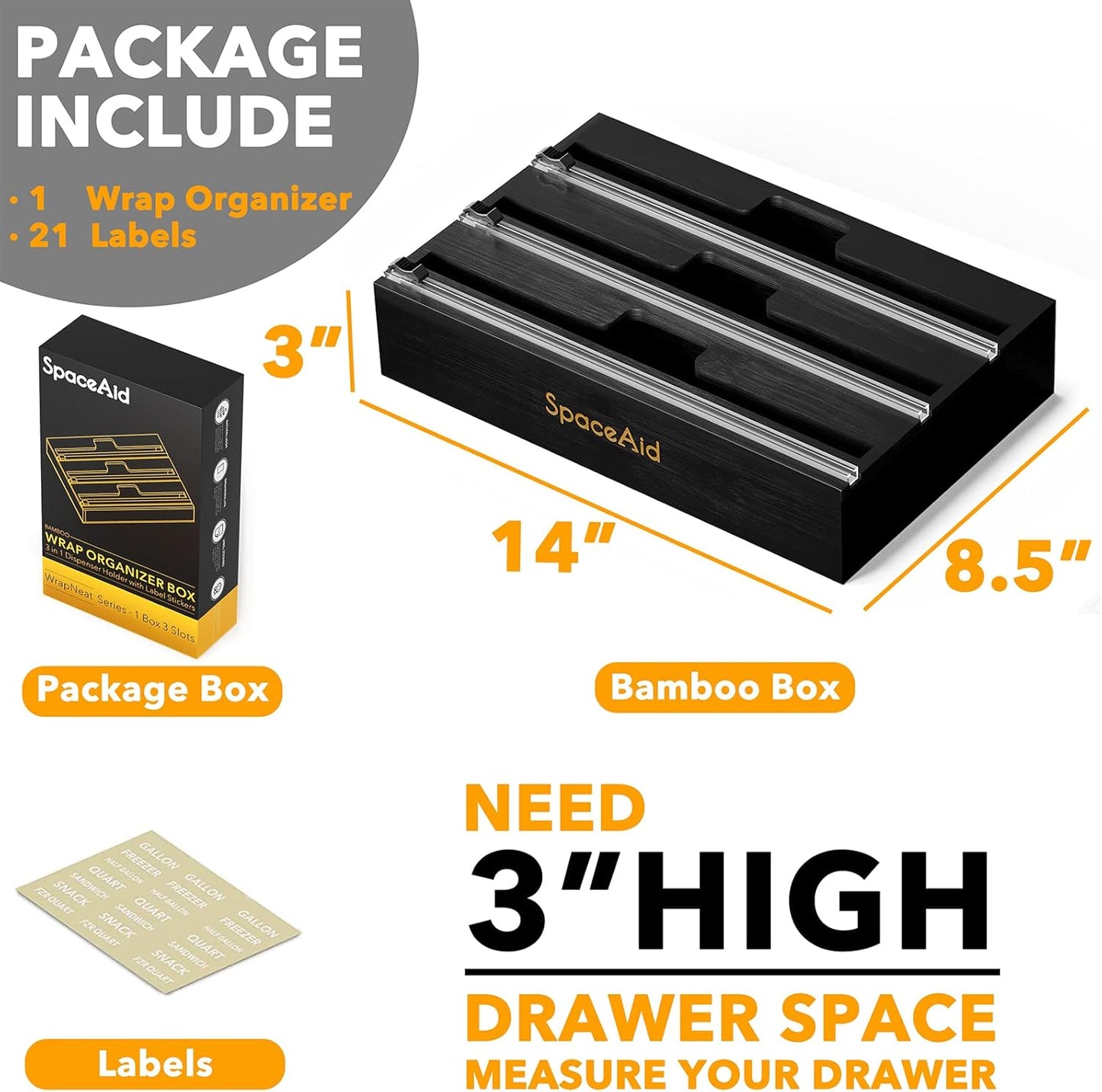 SpaceAid WrapNeat 3 in 1 Wrap Organizer with Cutter and Labels, Plastic Wrap, Aluminum Foil and Wax Bamboo Dispenser for Kitchen Storage Organization Holder for 12" Roll (Black)