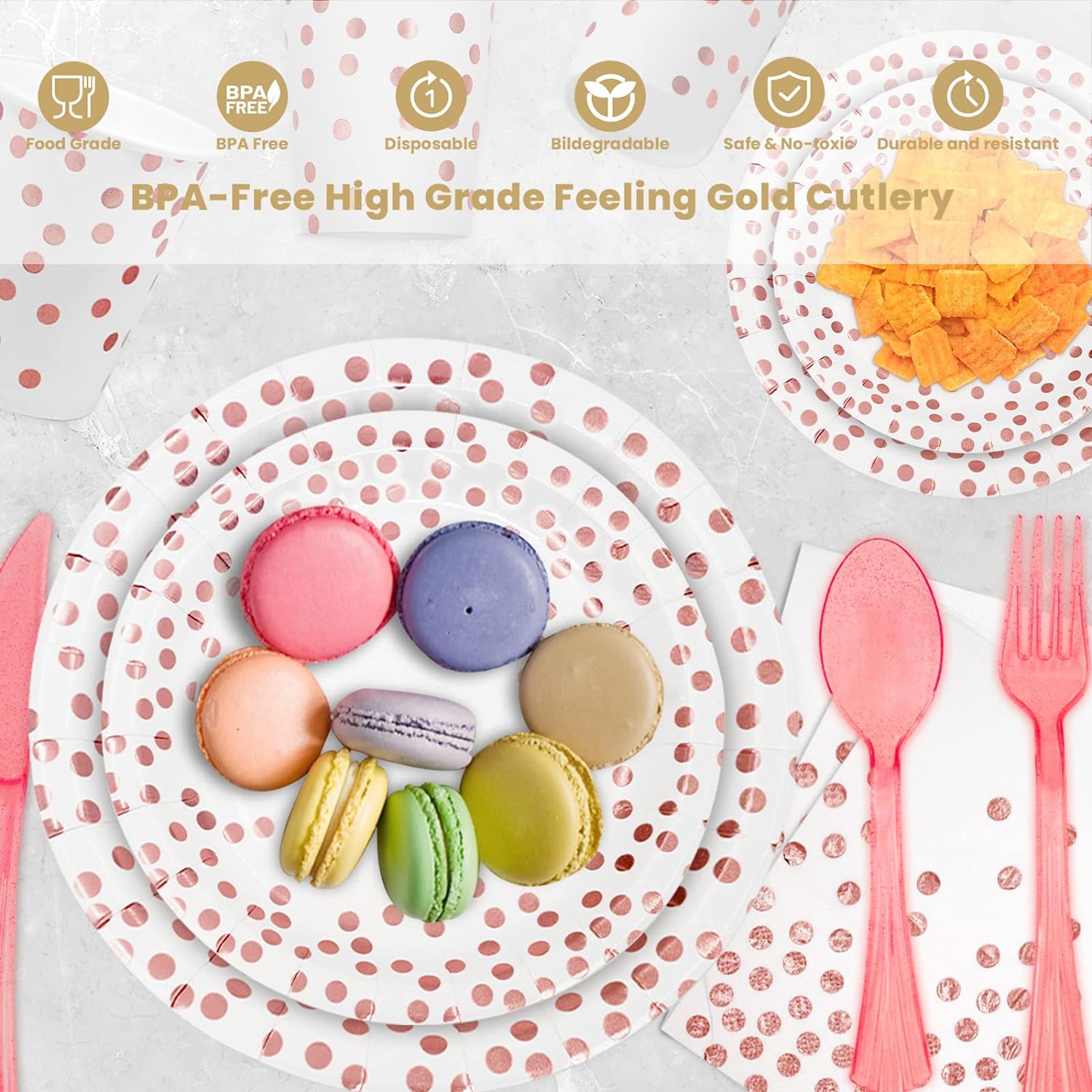 AIRE 175Pcs White Rose Gold Paper Plates Dinnerware Sets for 25 Guests, Party Supplies Disposable Paper Party Plates Napkins Cups Plastic Forks Knives Spoons For Birthday Baby Shower Wedding New Year