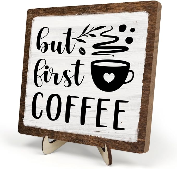 Vintage Coffee Bar Wooden Plaque Desk Sign, Farmhouse Wood Plaque Tabletop Decor by DMADNF