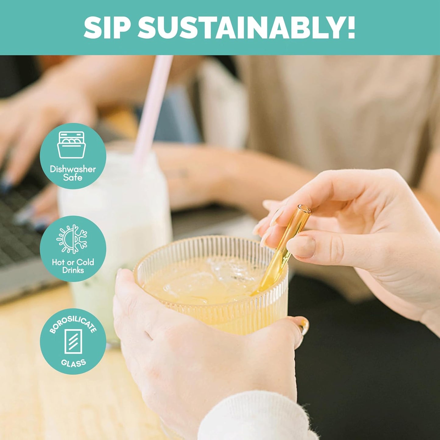 Simply Straws 6 Inch Glass Straws Bent (6-Pack) – Reusable Glass Straws for Low Balls & Stemless Glasses, with Cleaning Brush – Dishwasher Safe, Hot & Cold Use, BPA-Free (Fjord Mist)