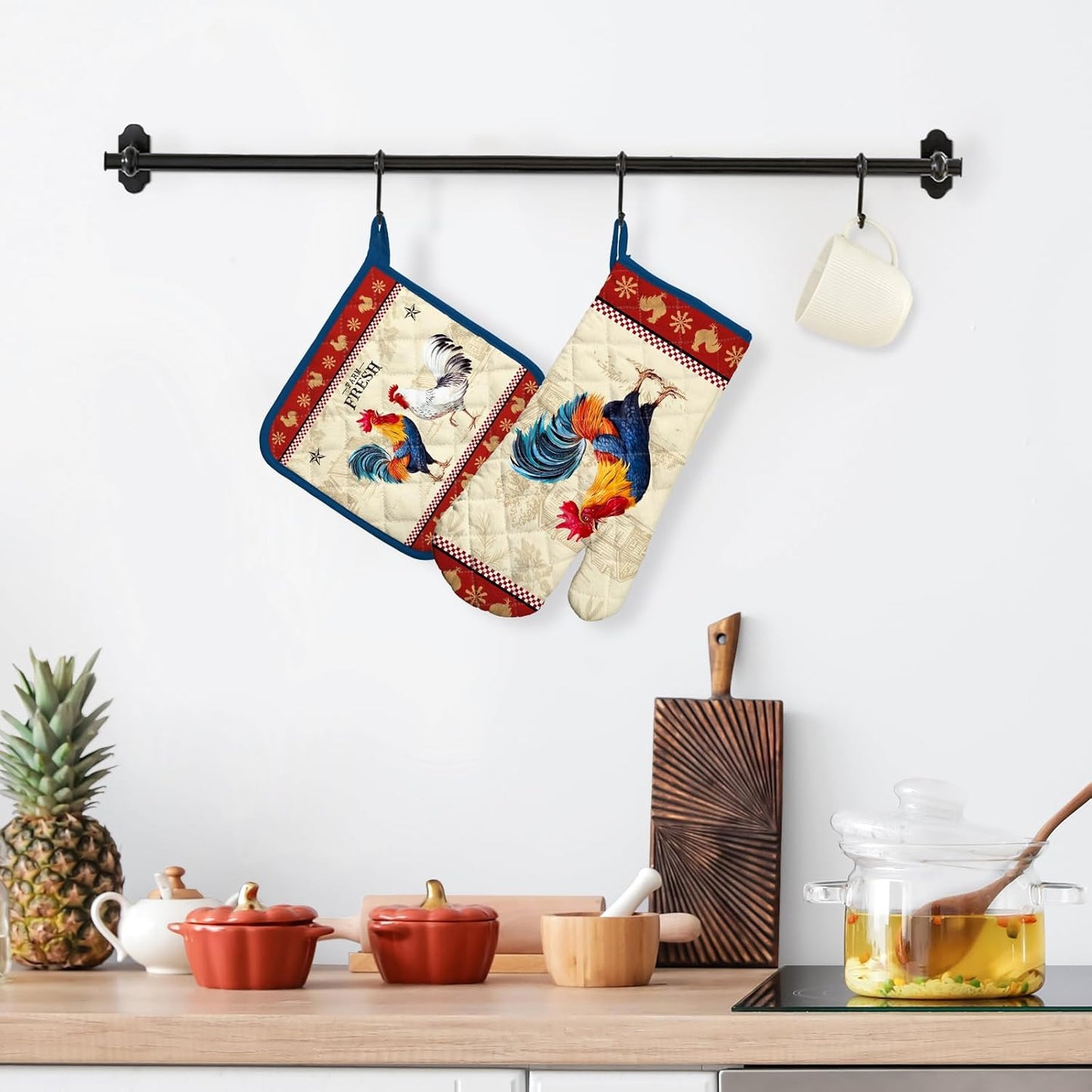 Rooster Oven Mitts and Pot Holders Sets 100% Cotton Heat Resistant, Extra Long Oven Gloves Potholder for Kitchen Cooking Baking Housewarming