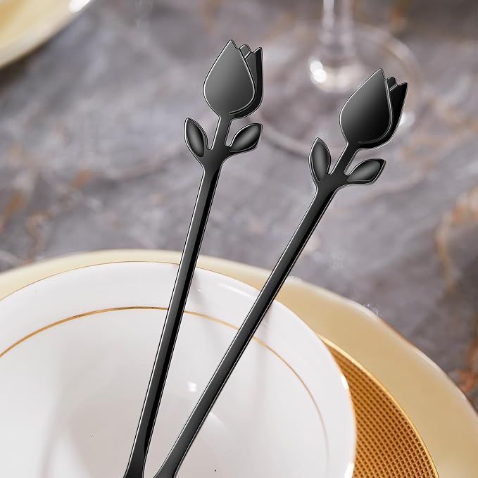 Black Tulip/Rose Handle 12-Pcs Mini Coffee Spoons Set - Image 3