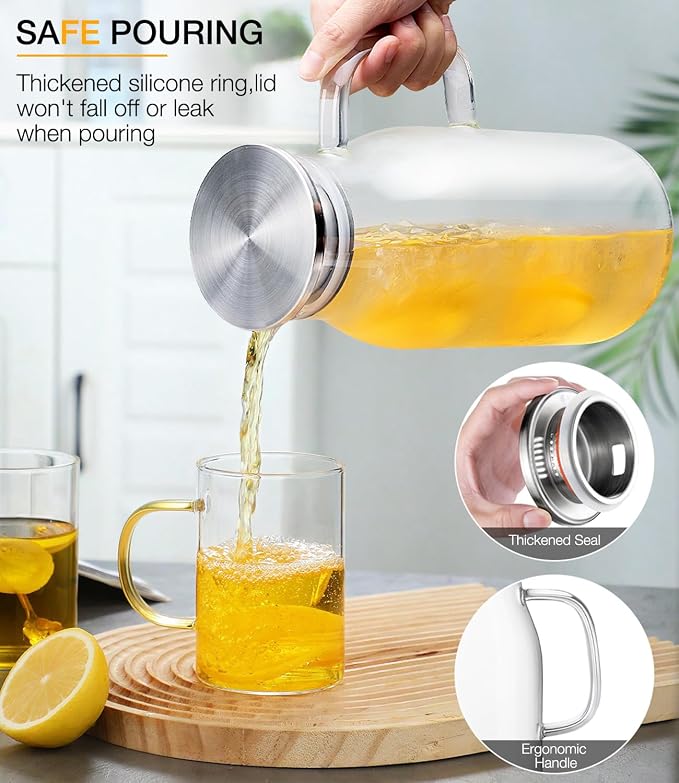 Glass Pitcher with Lid, 2 Liter 68oz Water Pitcher with Handle - Image 5