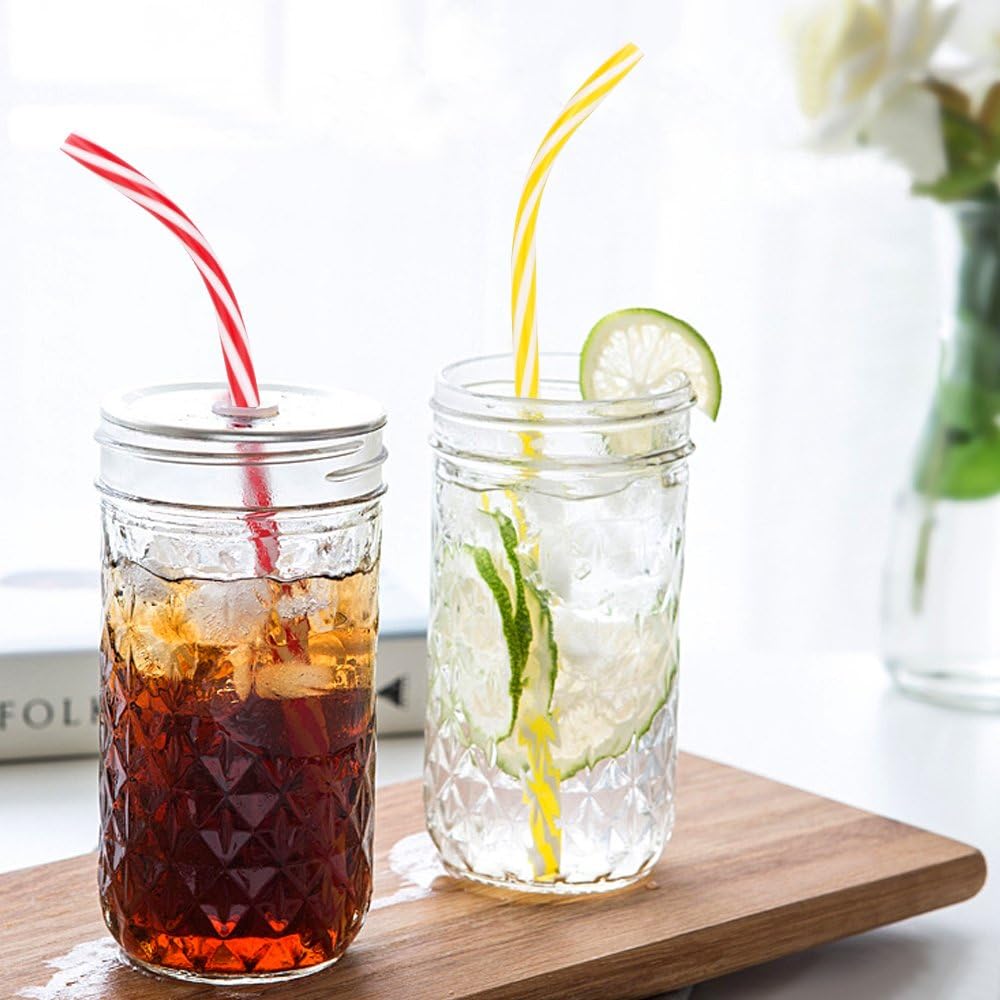 JANYUN 30 Pieces Reusable Plastic Straws BPA-Free 9" Colorful Printing Hard Platic Stripe Drinking Straw for Mason Jar Tumbler Family or Party Use Cleaning Brush Included(Random Pattern) (Bent)