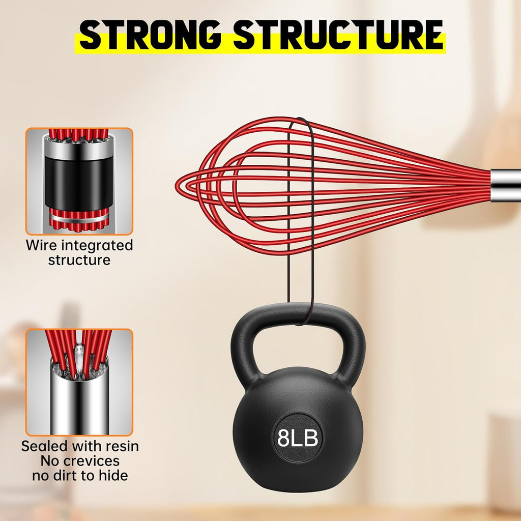 HOTEC 4 Pieces Silicone Whisks Set, Wire Balloon Whisks Egg Beater, Non-slip Handle Whisk for Non-stick Cookware Perfect for Cooking, Stirring, Beating and Blending (Red)