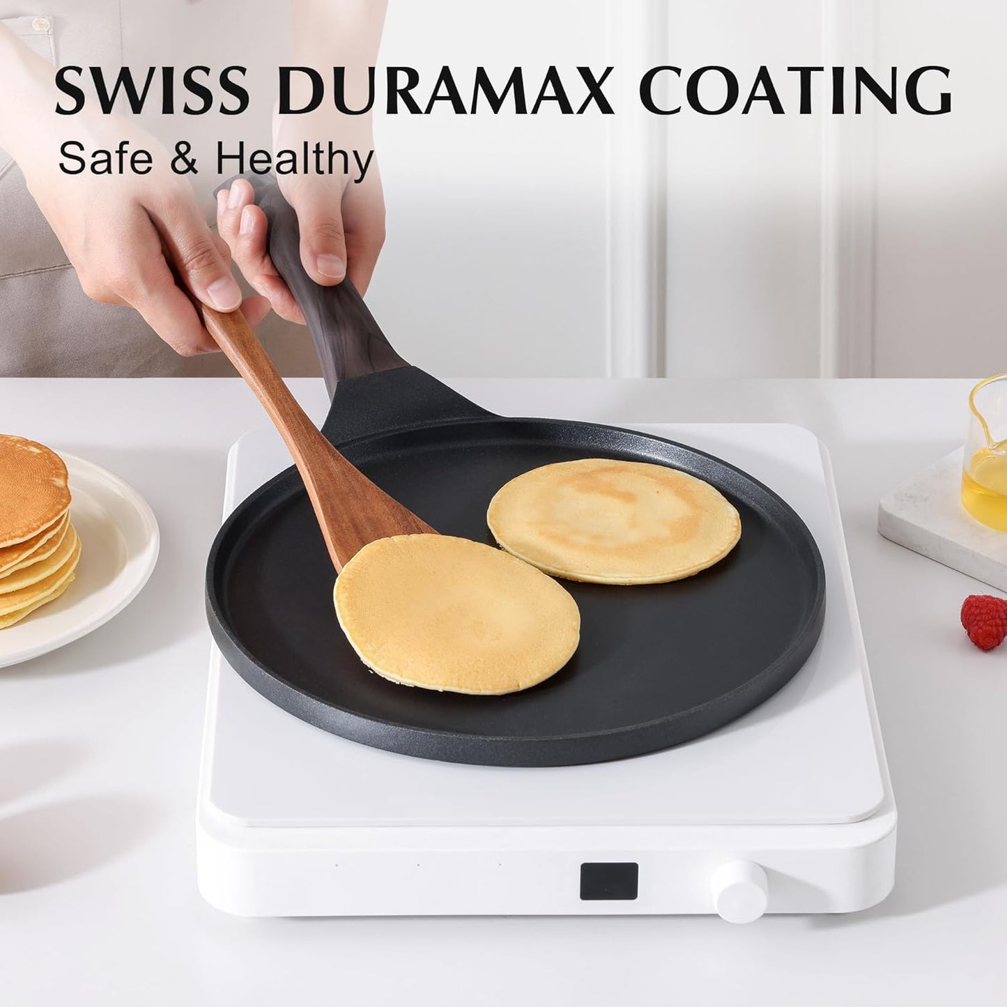 SENSARTE Nonstick Crepe Pan, Swiss Granite Coating Dosa Pan Pancake Flat Skillet Tawa Griddle 12-Inch with Stay-Cool Handle, Induction Compatible (Black)