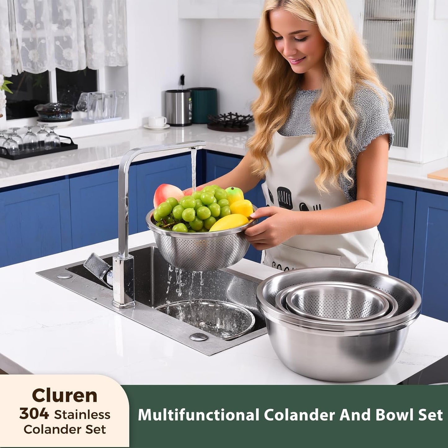 Colander and Bowl Set 7.3QT (2-in-1) - Thickened 304 Stainless Steel Kitchen Strainer Bowl for Fruit, Pasta, Vegetables, Rice - Heavy Duty, Induction Cooker & Dishwasher Safe