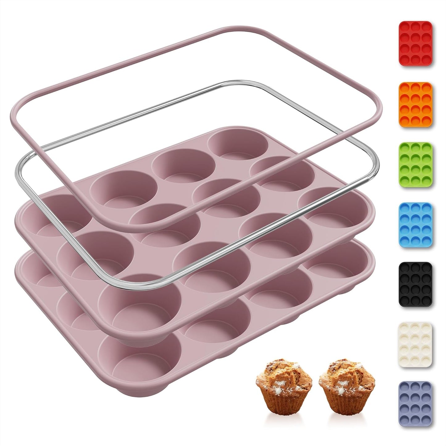 2 Pack 12 Cups Muffin Pan with Metal Reinforced Frame Regular Size Silicone Molds Cupcake Cake Baking Pans Cookie Baking Chocoflan Cupcake Mold Silicone Egg Bite Molds Baking Items Stuff