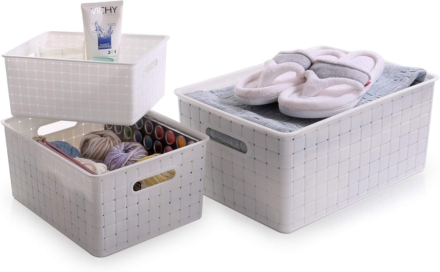 BINO Plastic Basket, Medium - White, 4 Pack, THE STABLE COLLECTION, Multi-Use Storage Basket, Rectangular Cabinet Organizer, Baskets for Organizing with Handles, Home & Office Storage Organizer