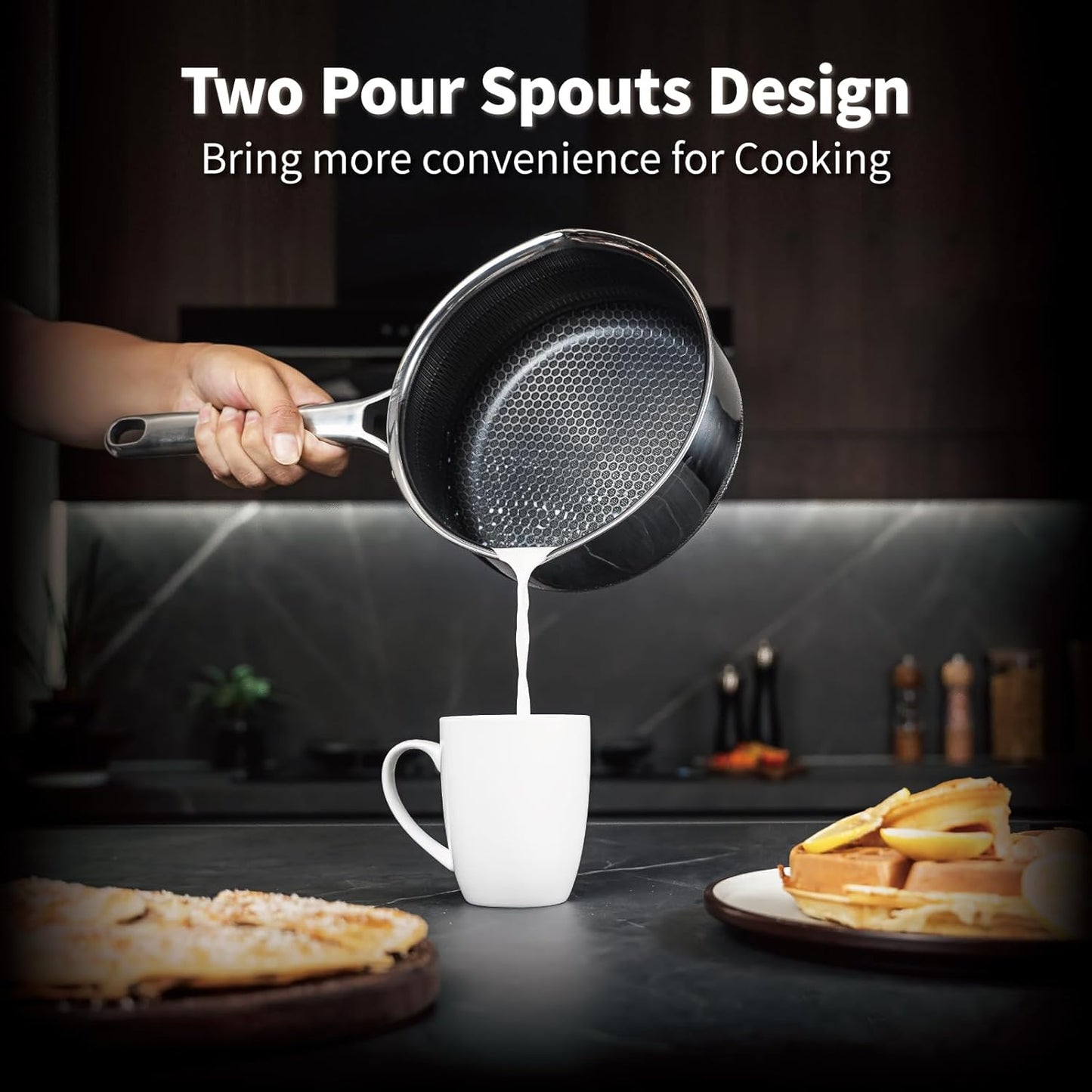 Hybrid Nonstick 3 QT Saucepan with Lid, Stainless Steel Honeycomb Pot with Two Pour Spouts,Compatible with All Cooktops,Dishwasher and Oven Safe