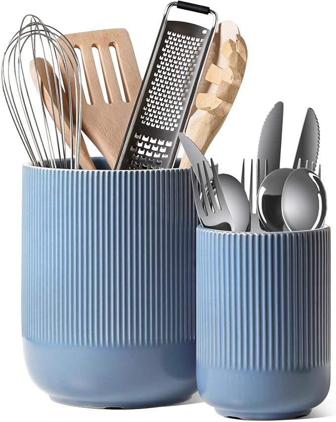 LE TAUCI Utensil Holder for Kitchen Counter, 7.3"+5.4" Fluted Ceramic Utensil by LETAUCI
