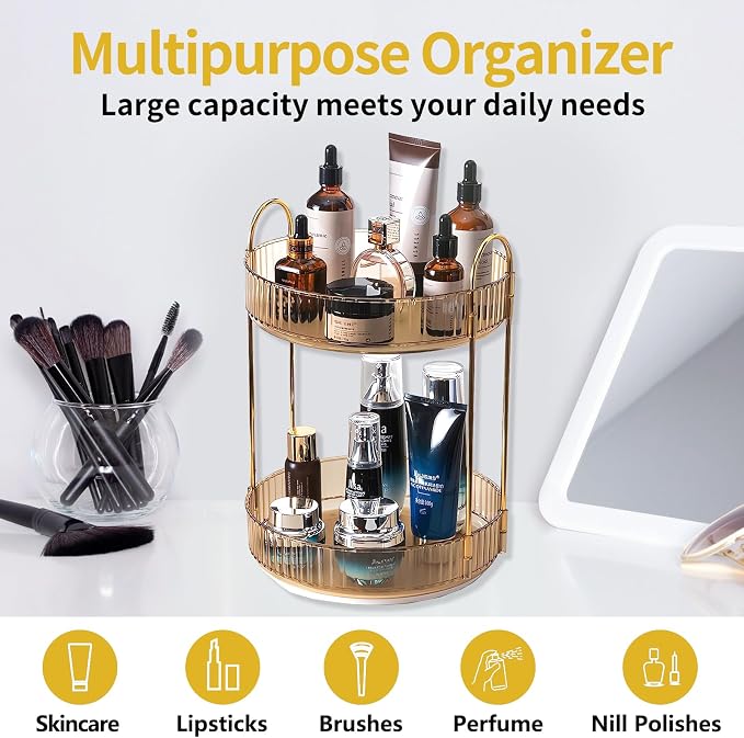 Asayuee 360 Rotating Gold Makeup Organizer, 2 Tier Large Capacity Rotating - Image 6