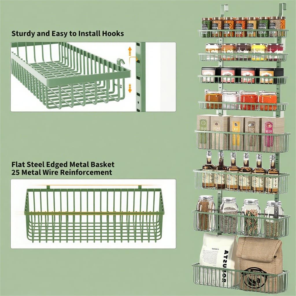 Moforoco Sage Green Over The Door Pantry Organizer, Pantry Door Organizer Shelves, Kitchen Organizers and Storage, Hanging Basket Wall Spice Rack Seasoning Shelves