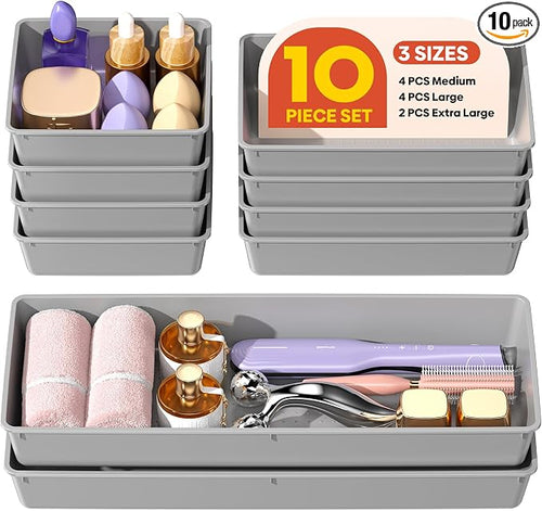 10 Pack Large Size Plastic Drawer Organizers Set, 3 Sizes Desk Drawer Organizer by Unknown