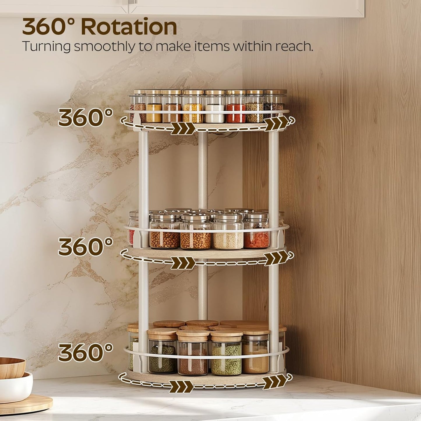Lazy Susan Organizer, Rotating Spice Rack, 3 Tier Spice Turntable Organizer, Industrial Turntable Spice Holder, for Kitchen Countertop, Compact and Versatile, White and Light Oak SR23WG