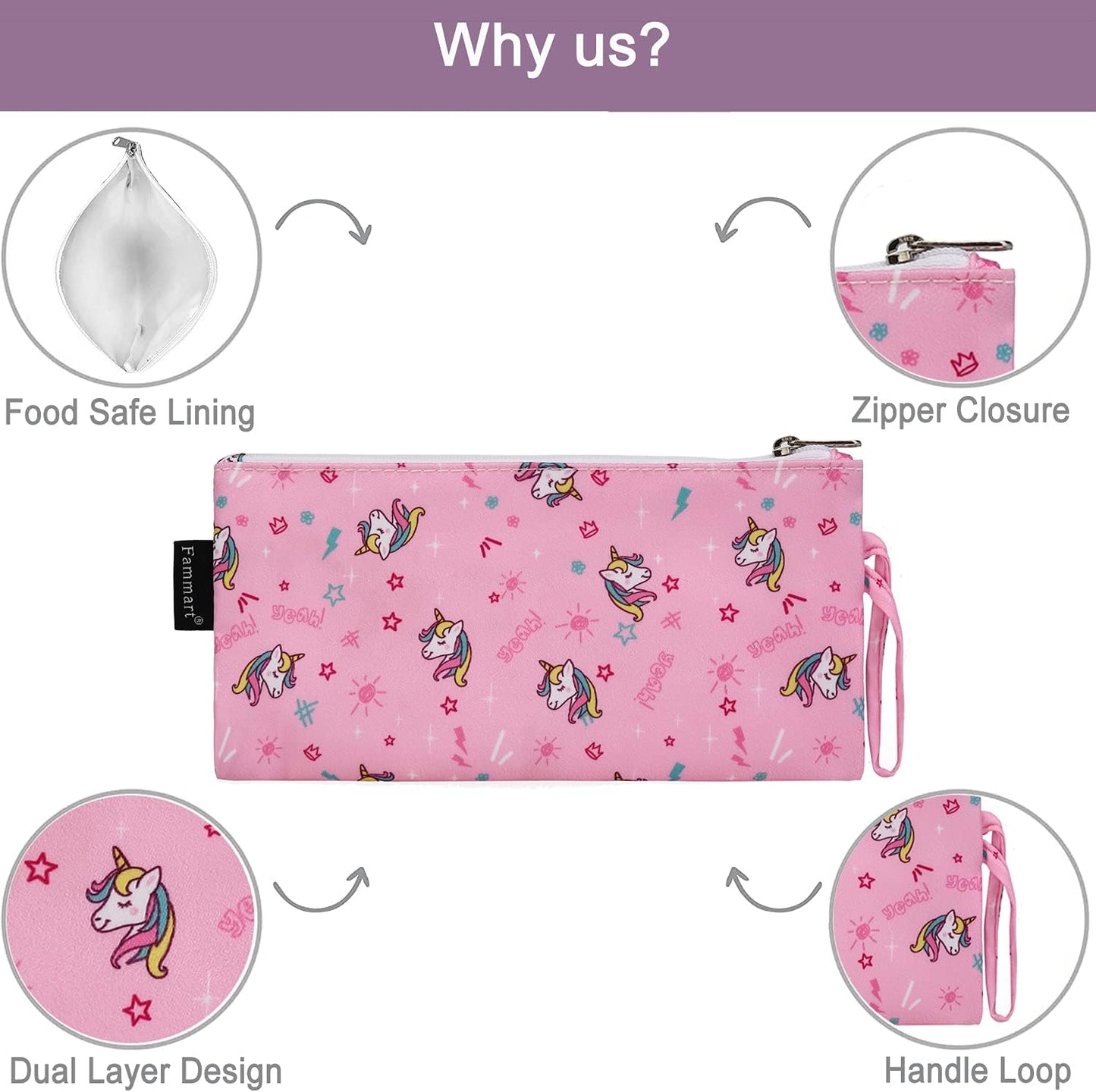 Reusable Sandwich Bag/Snack Bag for Kids & Adults, Dual Layer Lunch Bag with Handle, Washable, Food Safe, BPA Free (2-Pack, Unicorn)