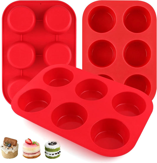 3-Pack 6-Cup Silicone Muffin Pans, Nonstick Cupcake Baking Molds, BPA/PFA-Free, Dishwasher & Oven Safe - Red