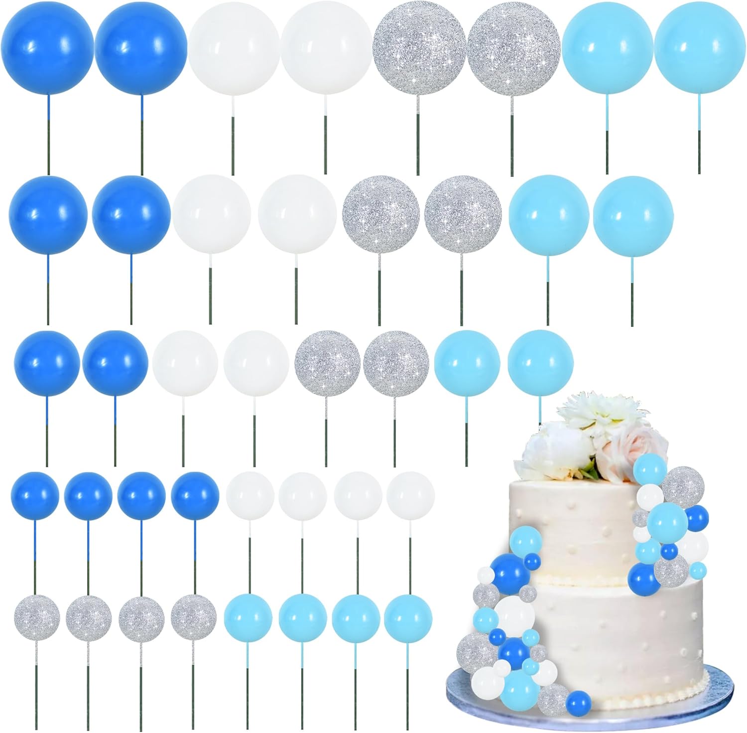 BEISHIDA 40 Pcs Foam Ball Cake Toppers with Sticks Mini Cake Decorations for Birthdays, Boys Party, Baby Showers, DIY Baking Supplies, Winter Party (Blue，White，Silver)