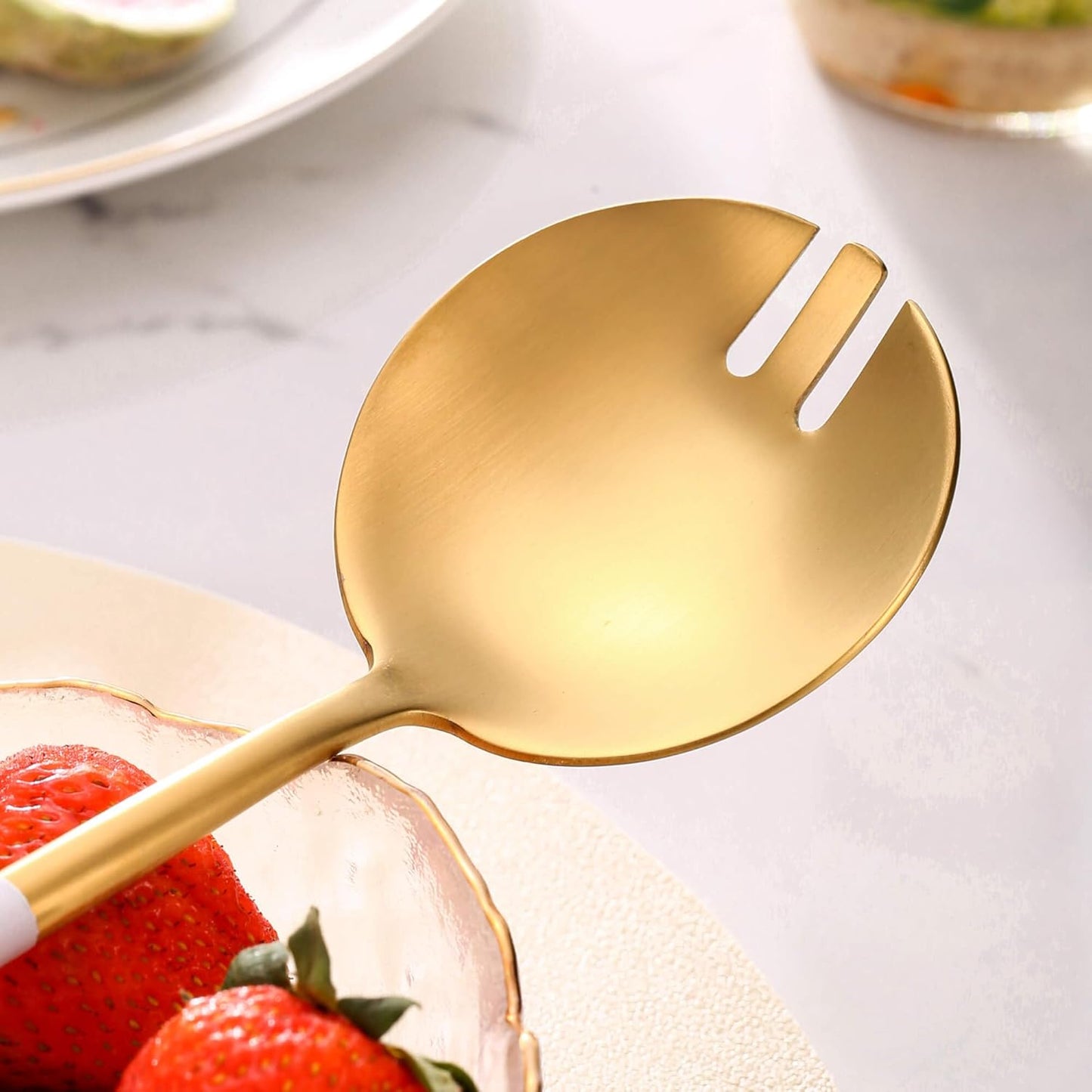 White Gold Salad Serving Utensils,Serving Spoons Stainless Steel,2Pcs Long Handle Salad Servers 11.42 Inch,Salad Utensils for Serving,Matte Finish,Dishwasher Safe