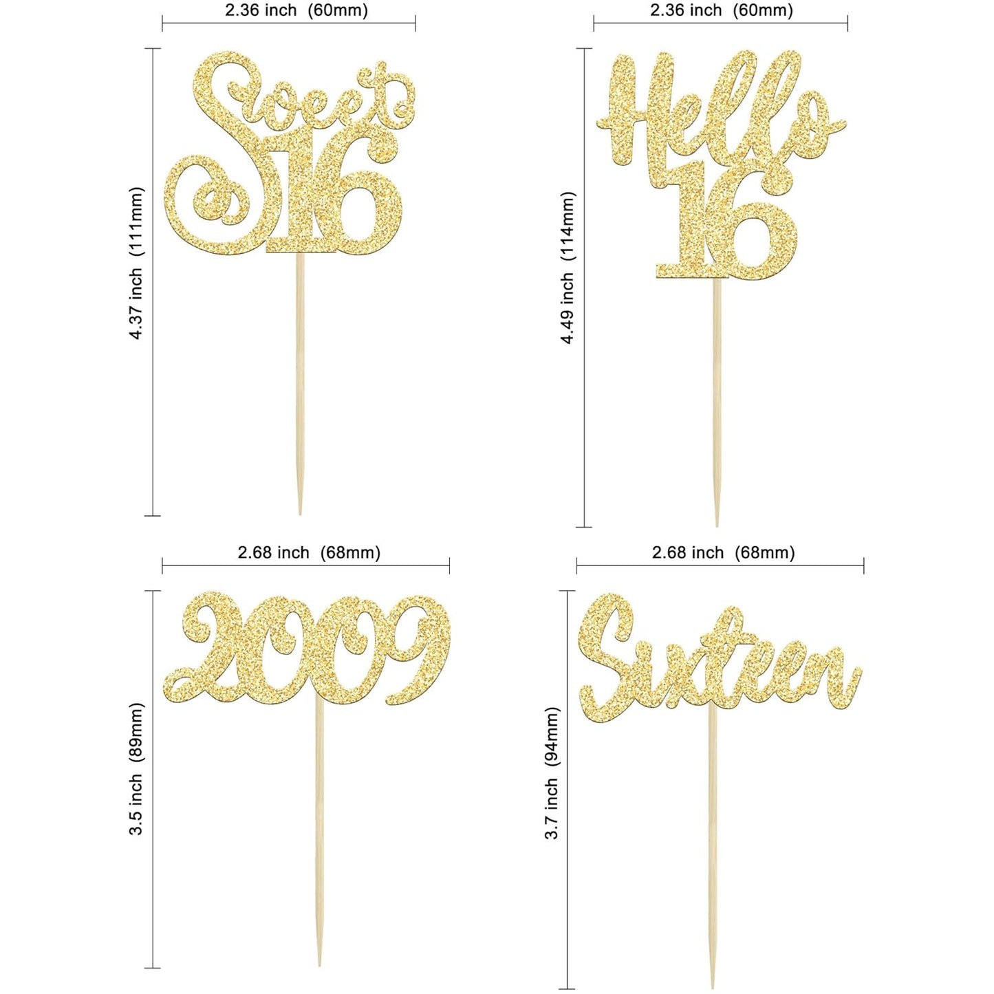 Gyufise 24pcs Sweet 16 Cupcake Toppers - Gold Glitter, Hello 16, Cupcake Picks, Cake Decorations for 16th Birthday Party Supplies