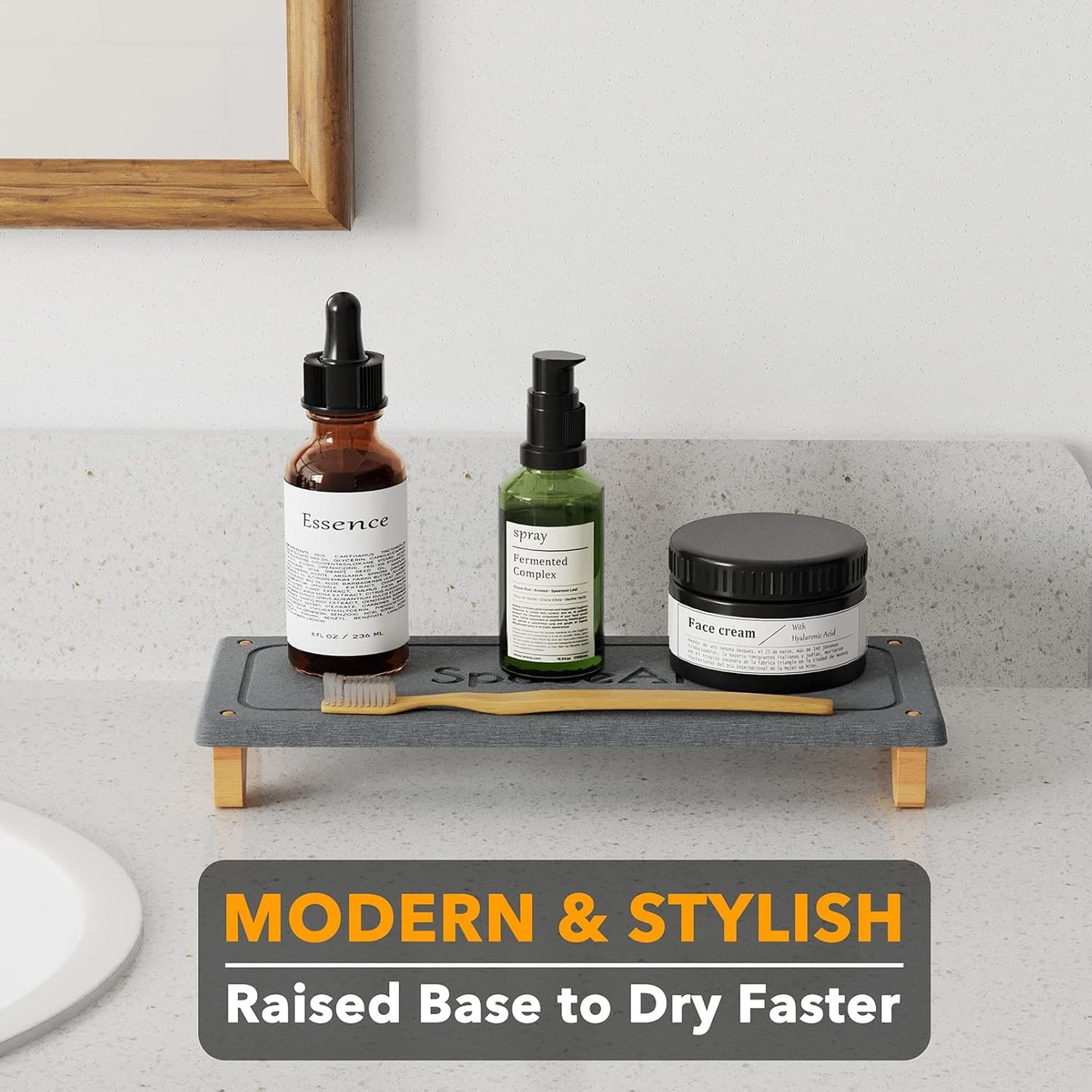 SpaceAid DryingNeat Sink Organizer, Instant Dry Sink Caddy Organizers, Kitchen Sponge Soap Holder Dispenser, Countertop Fast Drying Rack (Bamboo Feet, Dark Gray)