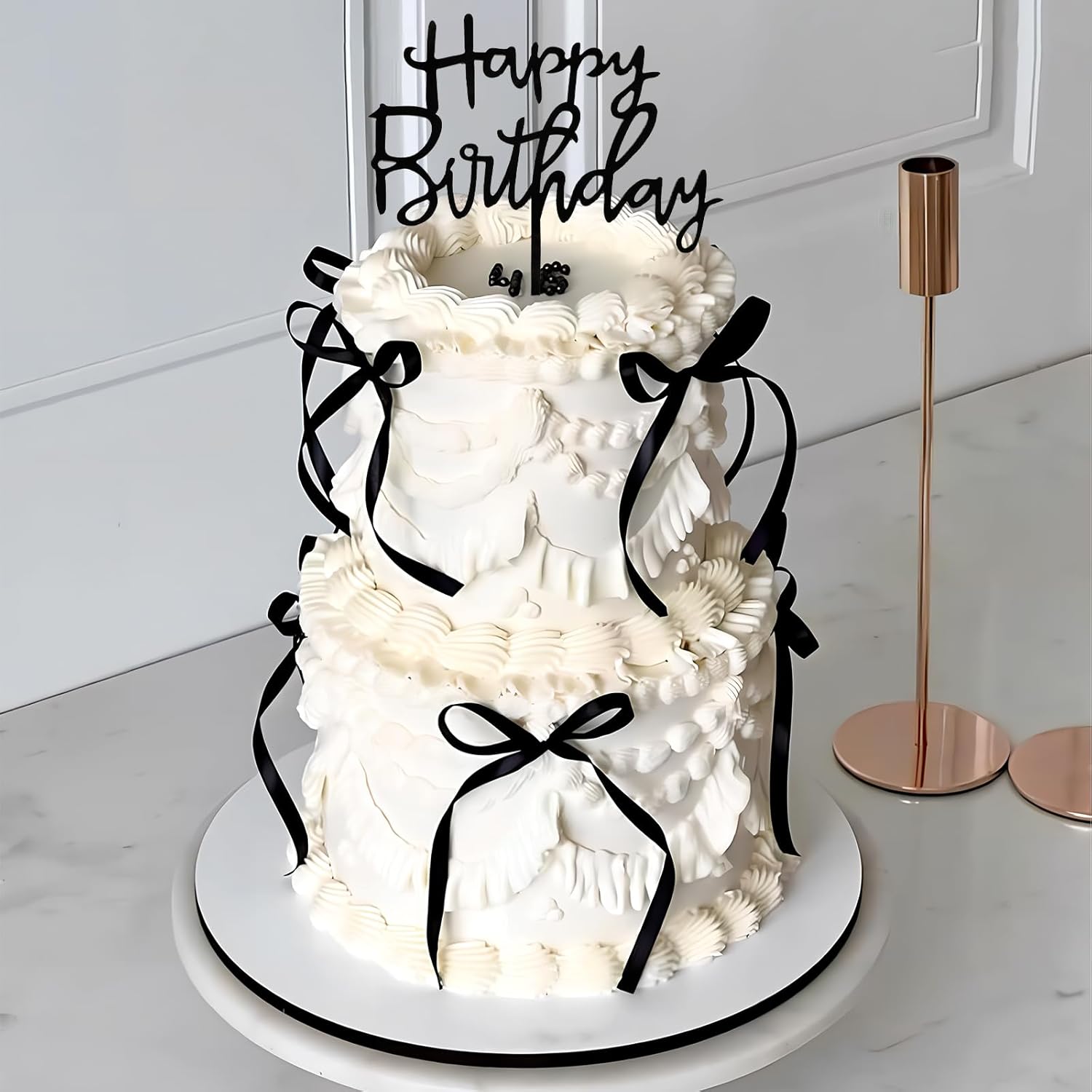 Black Bow Cake Topper Bowknot Ribbons Cupcake Toppers Bow Tie Cake Decorations Black Coquette Bows Cupcake Dessert Picks Happy Birthday Pick for Girl Birthday Princess Wedding Party Supplies 7Pcs