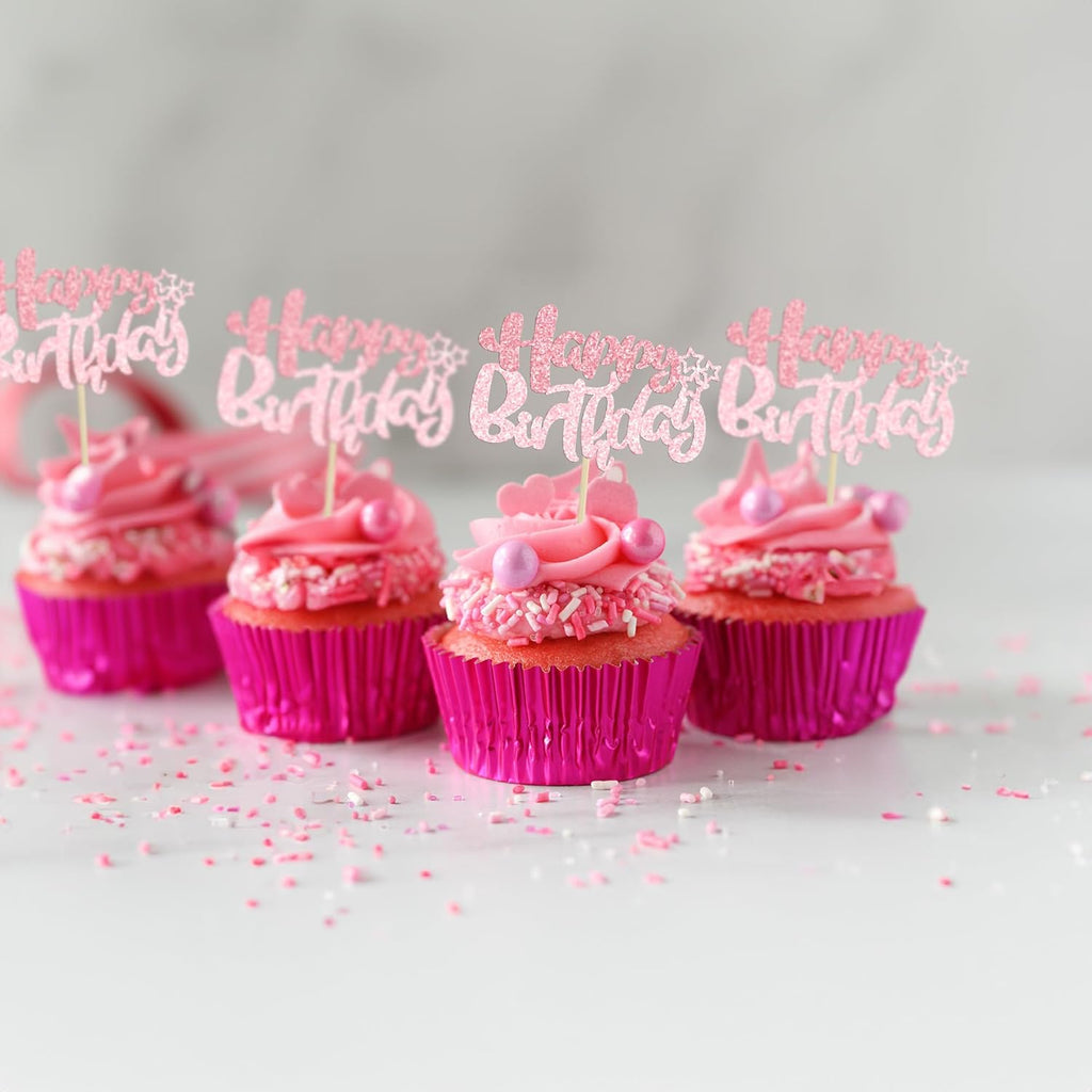 Ephlyn 24Pcs Pink Light Pink Happy Birthday Cupcake Toppers for Baby Shower, Kids Boys Girls Birthday Anniversary Party Cake Decorations