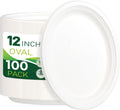 100PCS 100% Compostable White Oval Paper Plates(12in), Heavy Duty Disposable Plates, Eco-Friendly Dinner Plates, Biodegradable Salad, Meal, Dessert Plates, Perfect for Parties, Picnic, BBQ