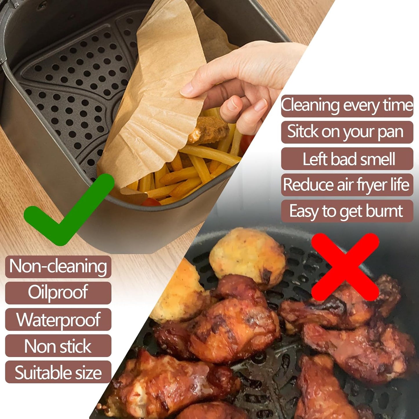 UBeesize 9-Inch Air Fryer Parchment Liners - 125 Pack, Square Non-Stick Disposable Paper Sheets for Microwave & Air Fryers, Unbleached Baking Sheets (8-Inch Base)