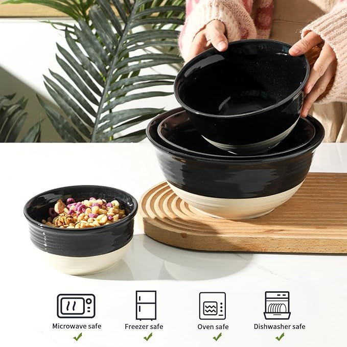 HASENSE Nesting Ceramic Mixing Bowls Set of 4, 2.5/1.5/1.0/0.5 Qt Black & Beige - Image 6