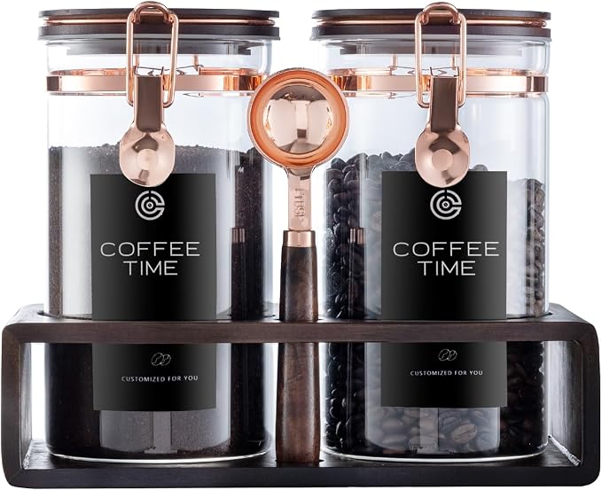 Glass Coffee Canister Set with Wooden Shelf, 2 Pack 45oz Airtight Food Storage by Unknown