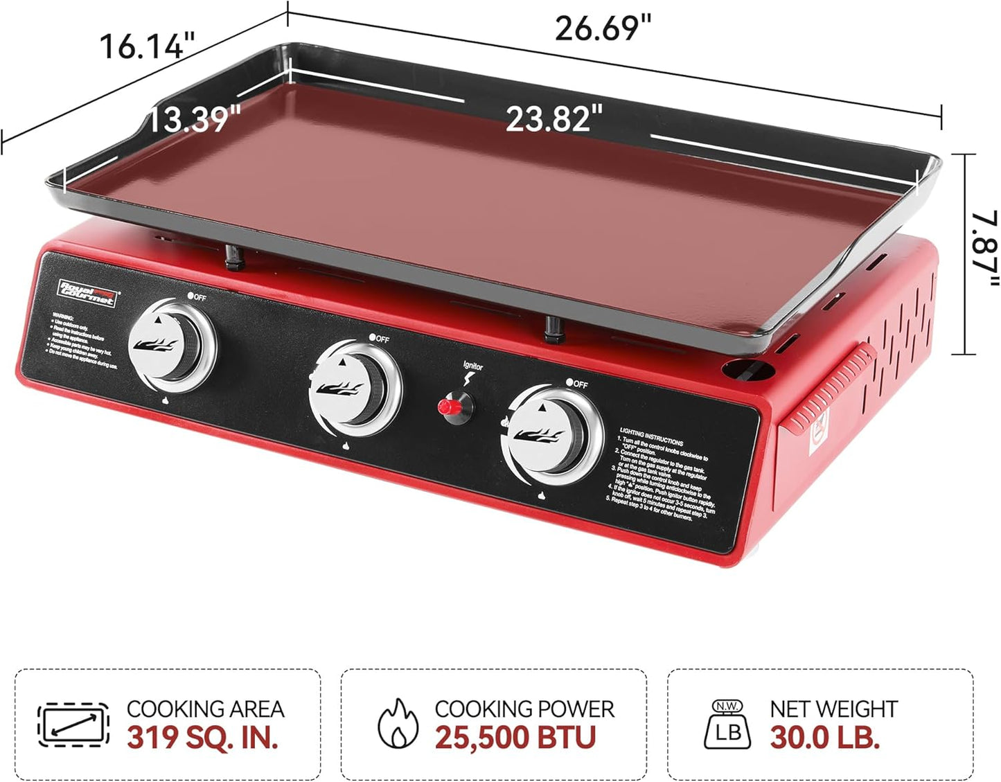 Royal Gourmet PD1301R 3 Burner Tabletop Propane Gas Griddle with Cover, 24 Inch Portable Griddle with 25,500 BTUs Output for Outdoor Cooking While Camping or Tailgating, Red