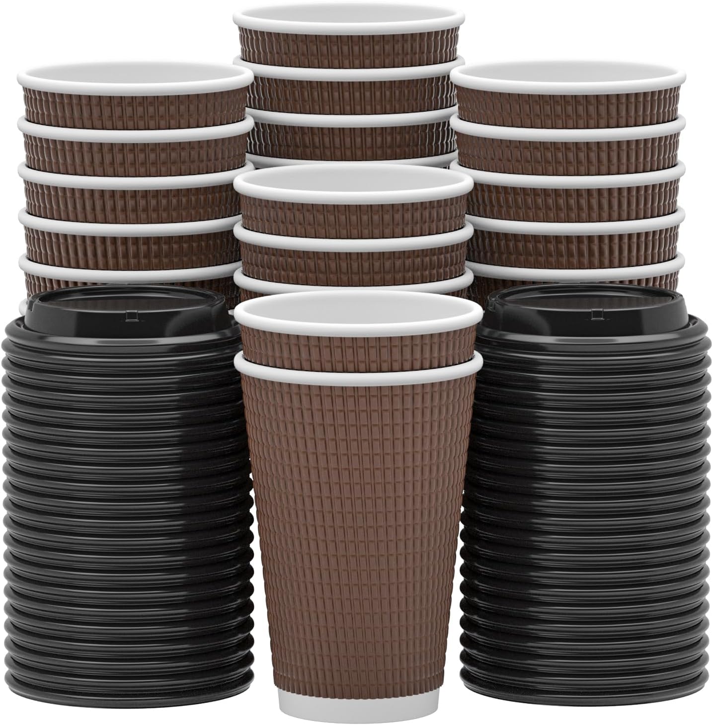 Qunclay Disposable Coffee Cups with Lids,16 oz (80 Pack) Togo Hot Paper Coffee Cup with Leak-Proof Lid To Go for Hot/Cold Beverages Insulated Reusable Drinks Corrugated Ripple Cups (Brown)