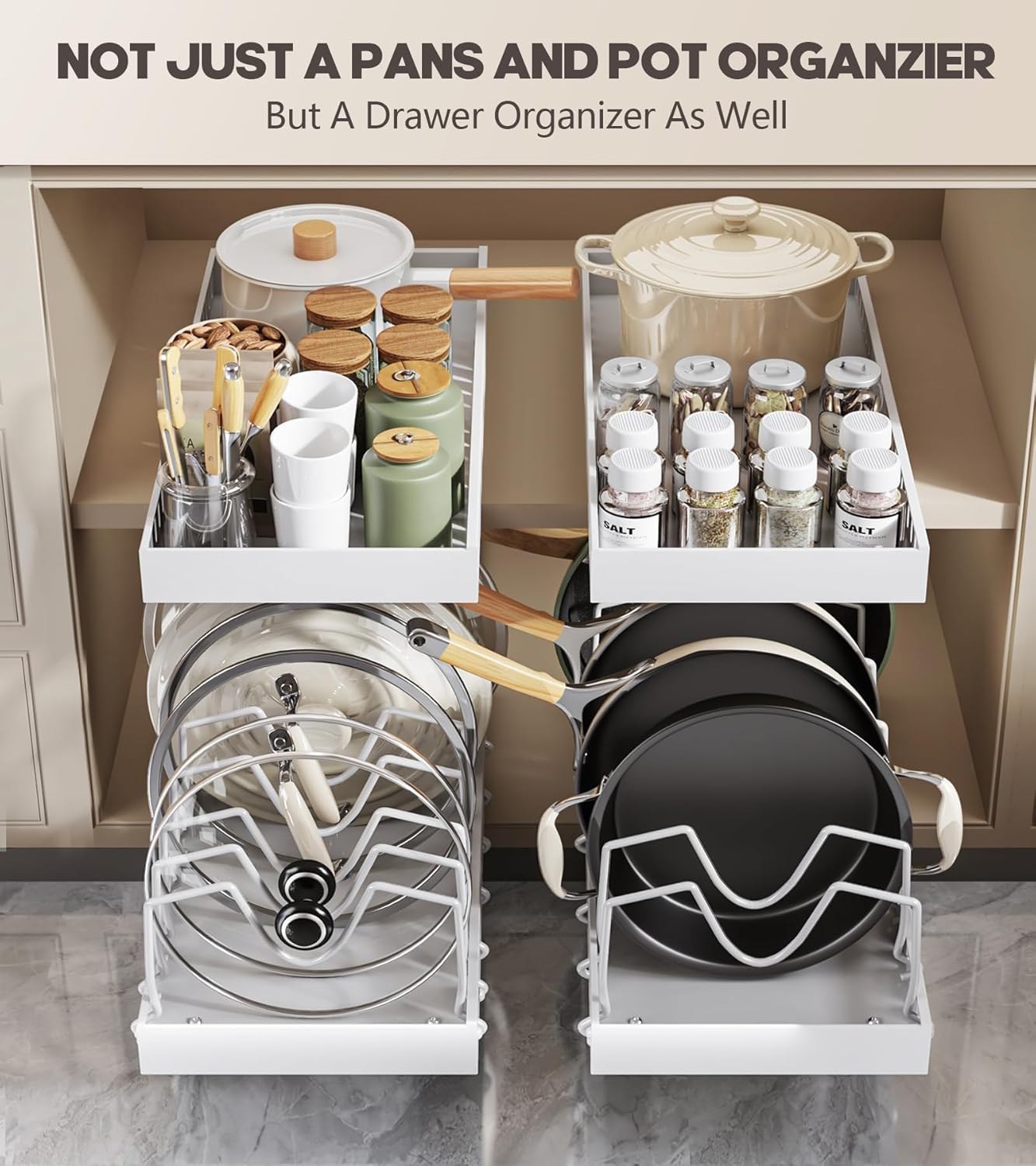 Pull Out Pots and Pans Organizer Under Cabinet, Sliding Lid Holder and Pan Rack in Kitchen, Slide Out inside Cabinet Storage for Pot Lid, Bakeware, Dishes, 8 Adjustable Dividers, 2 Pack White