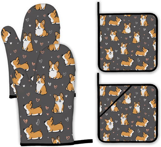 Cute Corgi Dog Oven Mitts and Pot Holders,Heat Resistant Oven Mitts Gloves and Pot Holder for Home Kitchen Decorations Cooking Baking BBQ Gifts,Set of 4