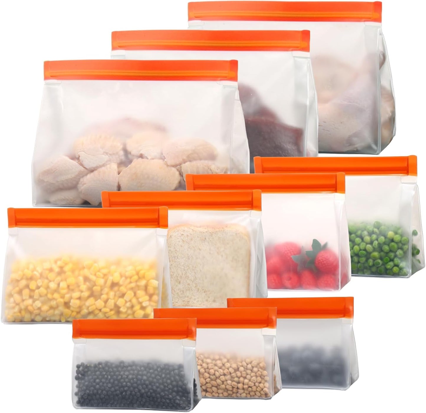 iSPECLE 10 Pack Freezer Bags - 3 Pack Gallon Bags 4 Pack Sandwich Bags 3 Pack Snack Bags BPA-Free Reusable Freezer Bags with Stand-Up Bottom and Label, Leakproof to Keep Frozen Food Fresh, Orange