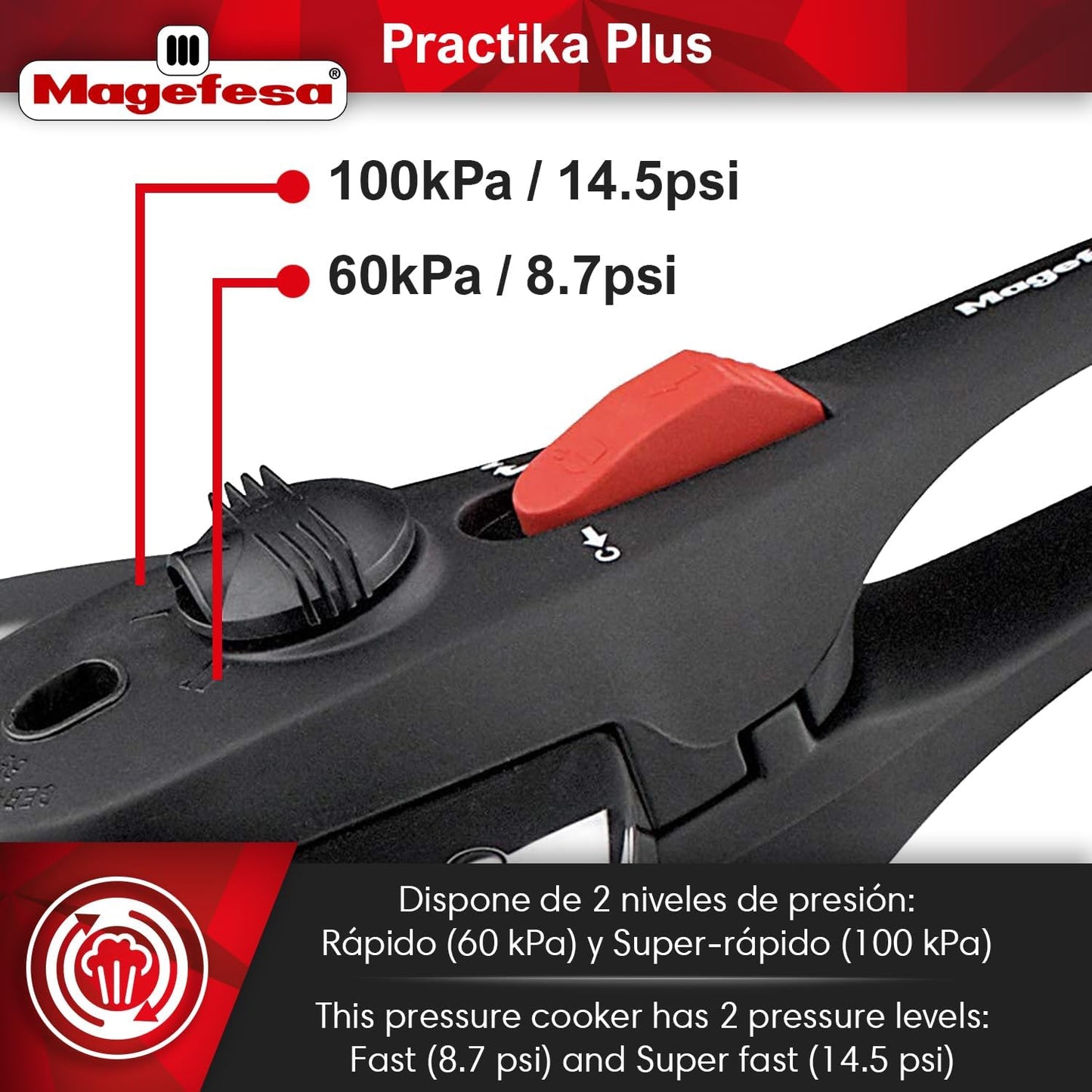 Magefesa Practika Plus Pressure Cooker, 4.2 & 6.3 Quart, 18/10 Stainless Steel, Induction-Compatible, Superior Heat Distribution, Encapsulated Diffuser Bottom, 5 Safety Systems