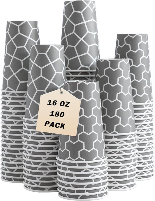 16 oz Coffee Cups 180 Pack, Disposable Coffee Cups Hot Paper Cups 16 oz, Insulated Paper Coffee Cup for Hot Cold Drinks