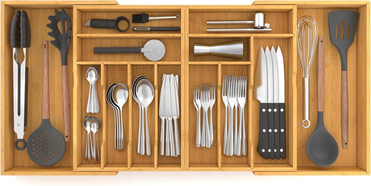 Suli Large Silverware Drawer Organizer，Adjustable Kitchen Flatware for Forks Knives and Spoons， Bamboo Cutlery Utensil Holder,Expandable from 12in-37in，Natural Bamboo