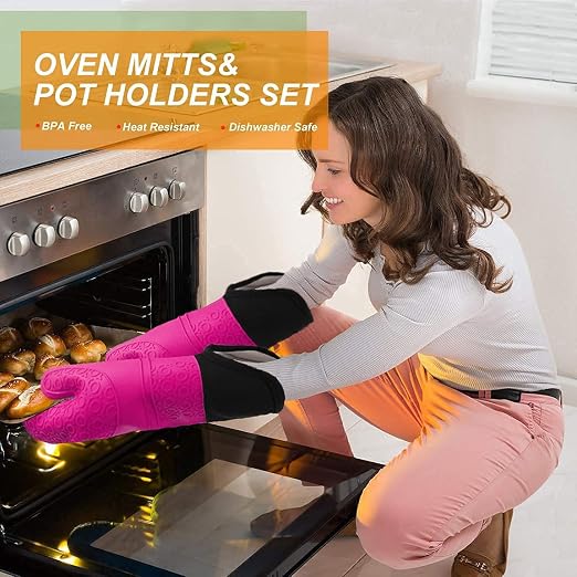 Silicone Oven Mitts and Pot Holders Set, MTZRFLL Extra Long Heat Resistant Oven - Image 4