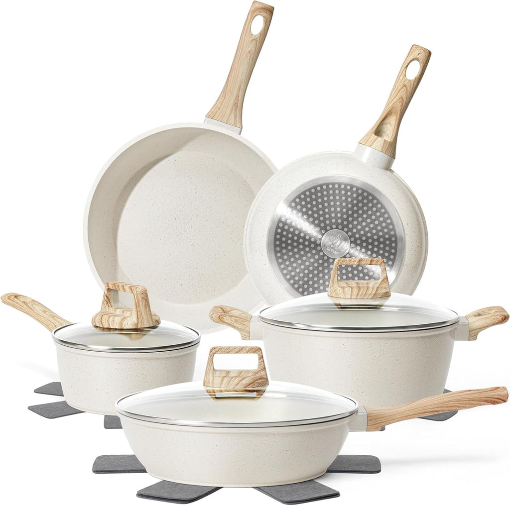 12 Pcs Pots and Pans Set Non Stick, Cookware Sets White Granite Induction Cookware, Non-toxic Healthy Nonstick Kitchen Cooking Set with Frying Pans Set, Saucepans (PFAS/PFOA/PFOS Free)